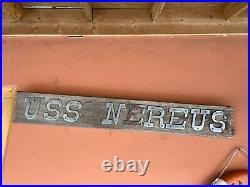 Vintage Submarine USS NEREUS US Navy Ships Brass Name Letters Wood Plank Plaque