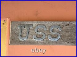 Vintage Submarine USS NEREUS US Navy Ships Brass Name Letters Wood Plank Plaque