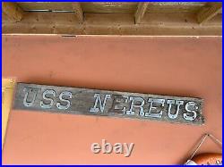 Vintage Submarine USS NEREUS US Navy Ships Brass Name Letters Wood Plank Plaque