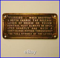 Vintage U. S. Navy Ship Bronze Depth Charge Bridge Lever Warning Sign Plaque