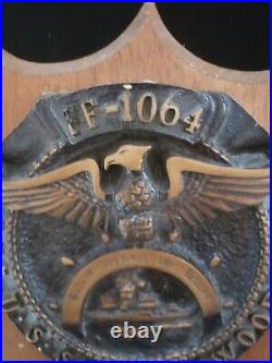 Vintage USS Lockwood FF-1064 Navy Naval Ship Ceramic Medallion Solid Wood Plaque