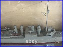 Vintage USS Preston Wooden Navy Ship Model Circa 1920s with old Wooden Glass Case