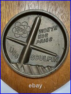 Vintage USS SCULPIN SSN 590 Bronze On Wood Plaque US Navy Nuclear Submarine