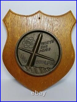 Vintage USS SCULPIN SSN 590 Bronze On Wood Plaque US Navy Nuclear Submarine