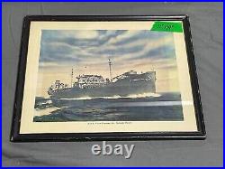Vintage color litho art print WWII SS SWAN ISLAND Kaiser TANKER Ship