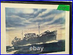 Vintage color litho art print WWII SS SWAN ISLAND Kaiser TANKER Ship