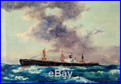 WWII Liberty Ship USS FRED C. STEBBINS Oil Painting STEAMSHIP MARITIME c. 1947