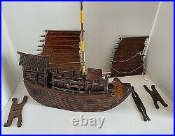 Wooden Junk Ship Model Asian 10 pcs Detailed Double Masted All Wood 17 x 15.5